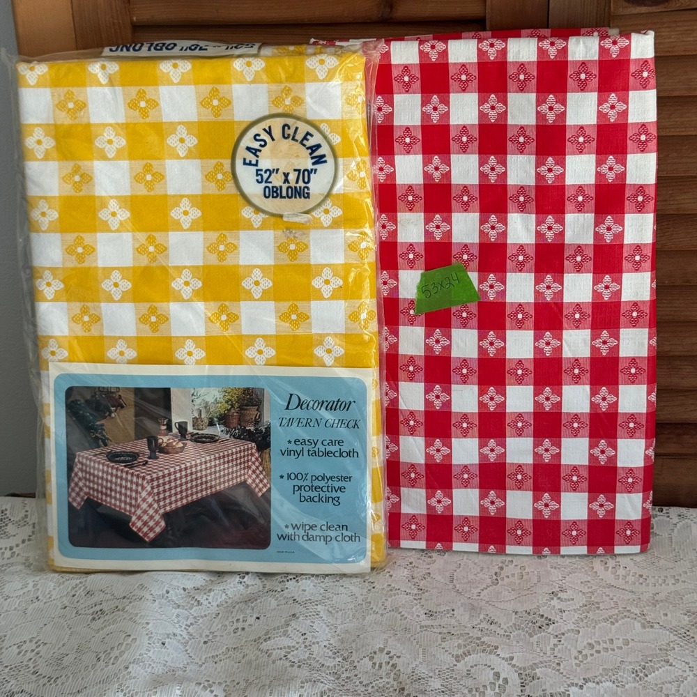 Vintage Decorator Tavern Check Vinyl Tablecloth Yellow 52x70 & Red 53x24 Lot